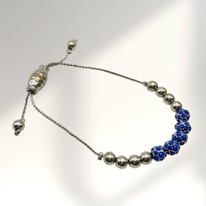 Silver Tone Slider Bracelet Metal Blue Pave Rhinestone Balls Beaded Adjustable